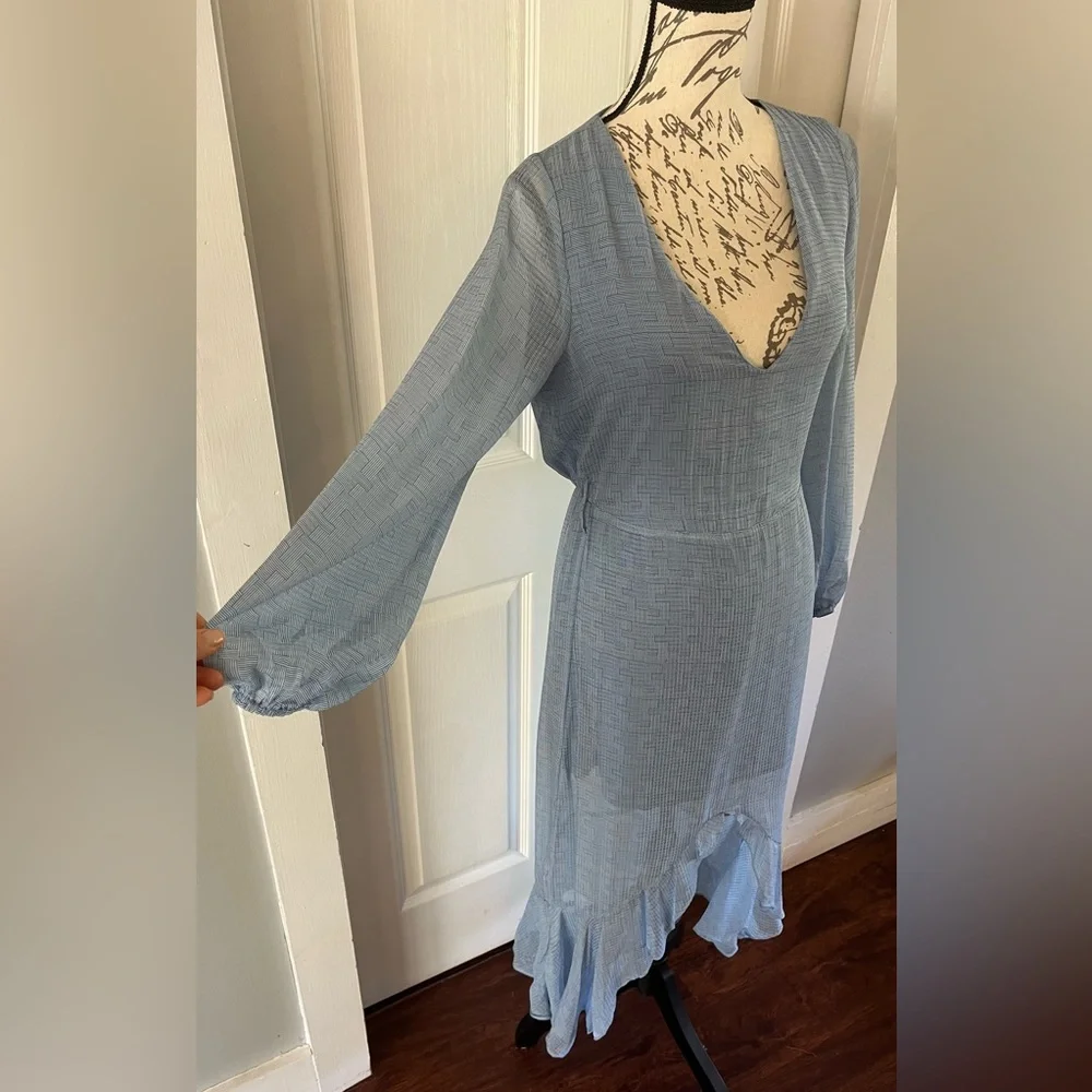 NWOT Light Blue Overlay Sheer Dress, by NSR, Hi low, Sheer Long sleeves, Medium - Picture 3 of 15